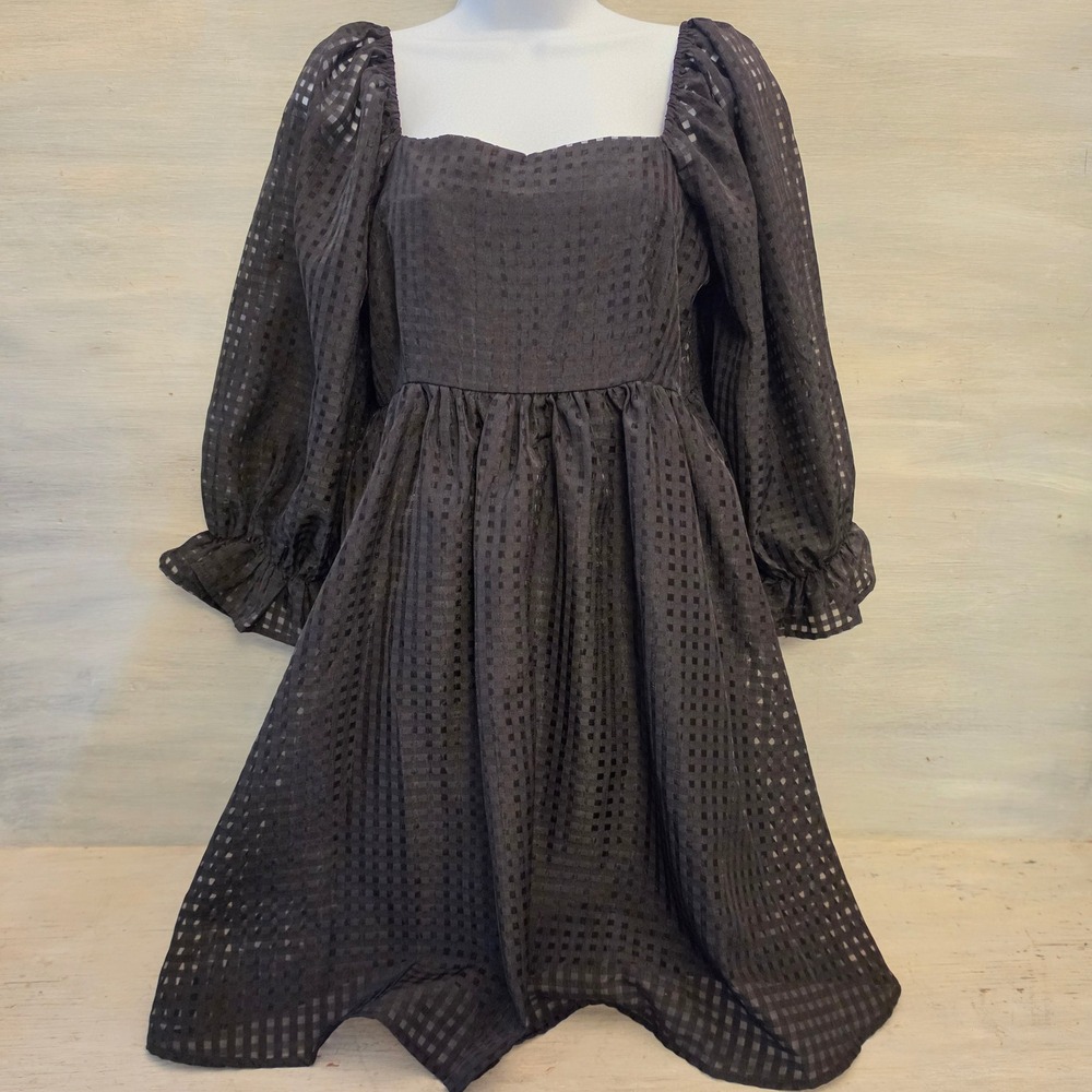 Entro Black Checked Puffed Balloon Sleeve Babydoll Mini Dress Size Large GC